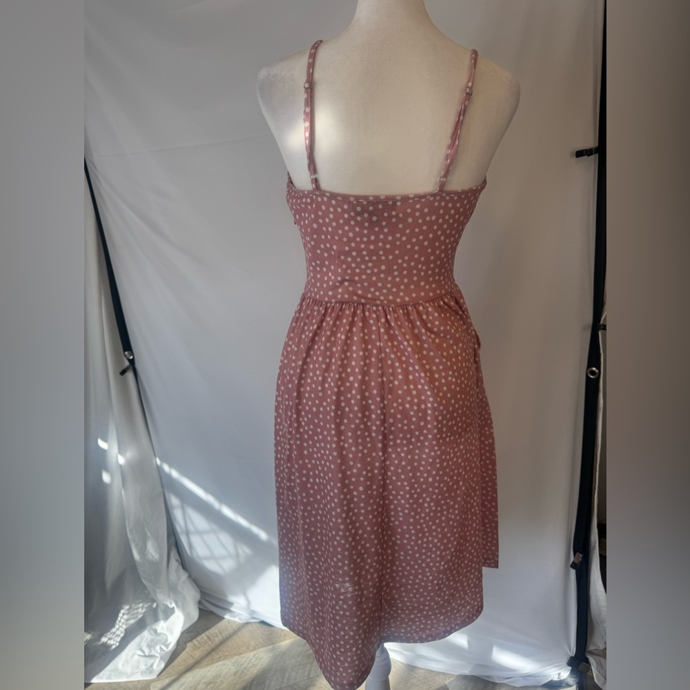 Yathon size SMALL pink/white polka dot midi sundress,  straps adjust, zip side - Picture 3 of 15